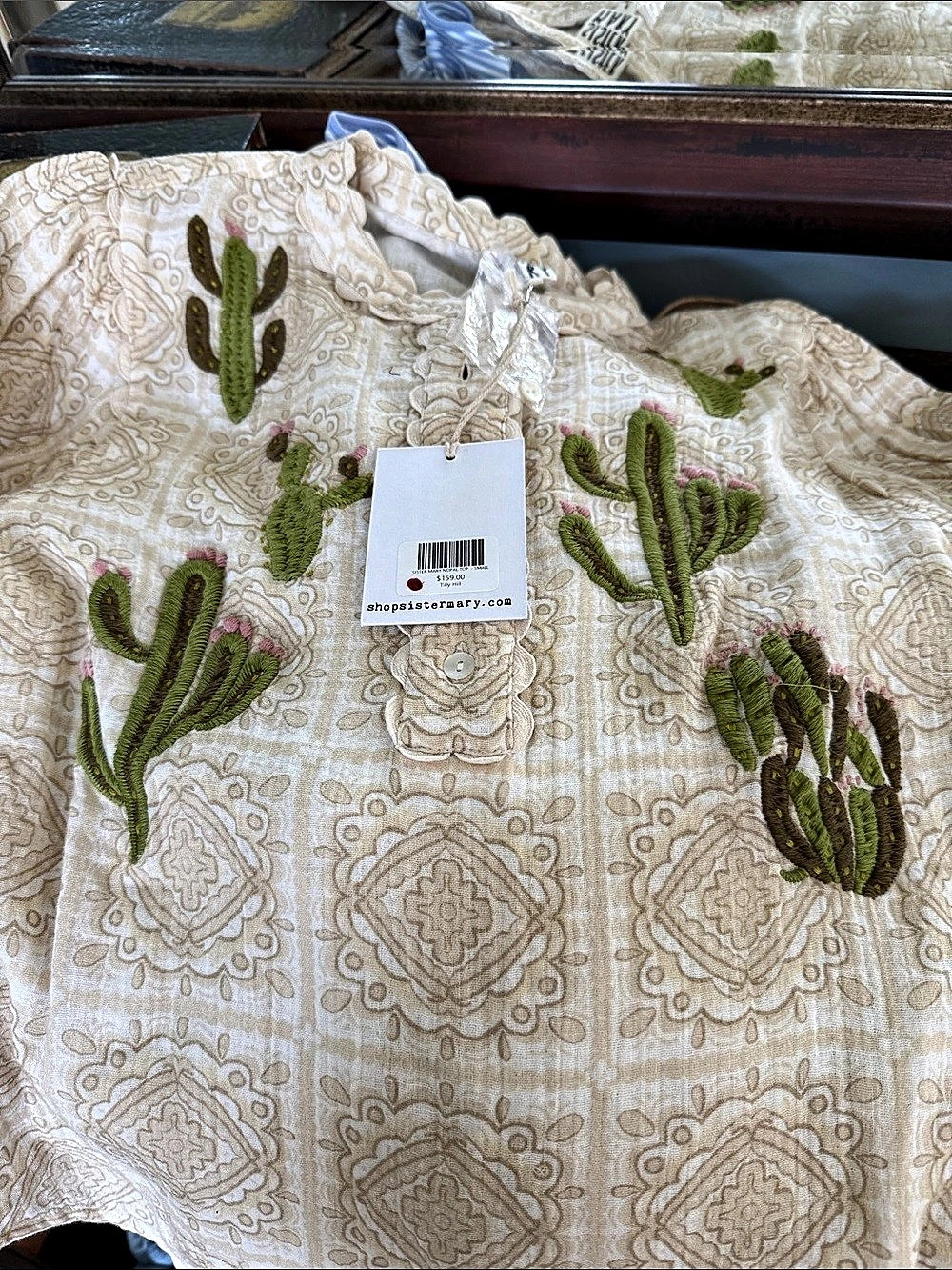 Sister Mary Nopal Cactus Embroidered Blouse Cream & Green Small NWT